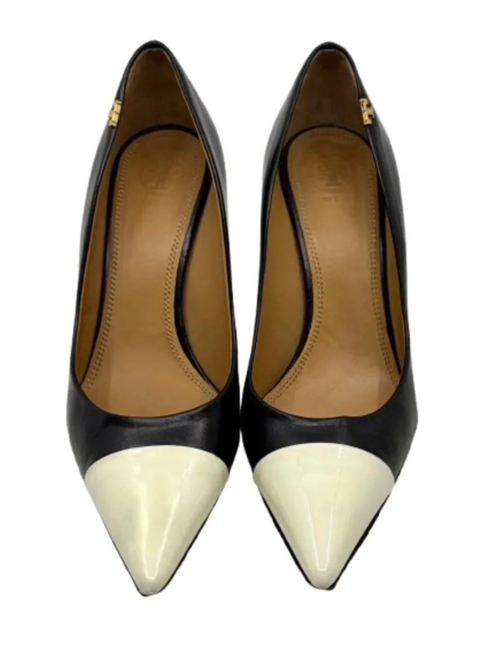 TORY BURCH~Penelope 85mm Cap-Toe Pumps - Black & Ivory Calf Leather Size 7.5
